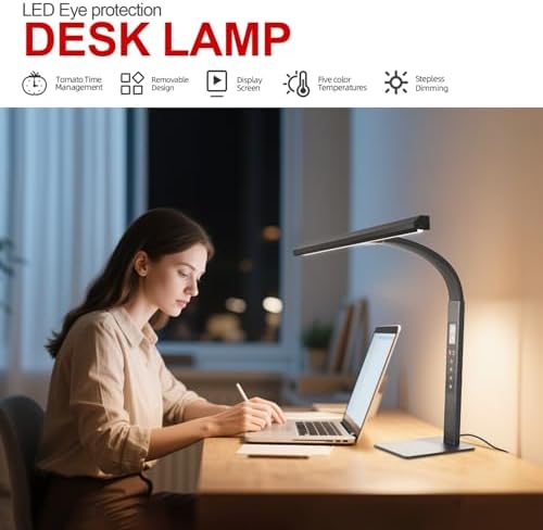 LED desk lamp for home office, architect computer work light,Touch color temperature stepless dimming and adjustable flexible gooseneck tube. desk lamp with clock , suitable for reading and studying.