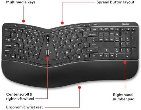 Staples TECH Wireless Ergonomic Keyboard, Full-Size, Wrist Rest, Black
