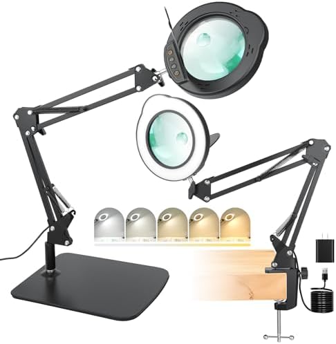 15X 30X Magnifying Glass with Light and Stand, LED Desk Lamp with Base and Clamp, 5 Color Mode, 10 Dimmable Levels, Hands-Free Magnifying Glasses for Close Work, Reading, Crafts, Jewelry