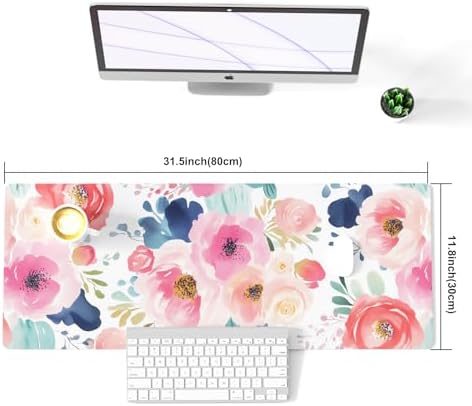 Faux Leather Large Mouse Pad, Office Desk Mat, 31.5"x11.8", Pink Floral