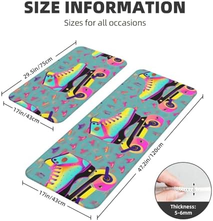 Colorful Roller Skates Print Kitchen Rugs Mats Sets,2pcs Absorbent Non-Slip Rug,Soft Comfort Floor Mat,for Hallway Office