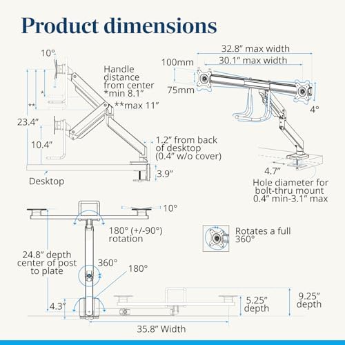 UPLIFT DESK Crestview Align Dual Monitor Arm - Gas Spring Monitor Mount with Adjustment Handle & USB Ports, 13-32” Inch Displays, VESA Compatible, Clamp or Grommet Mounting, Fits Standing Desks (Gray)