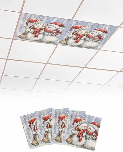 Christmas Magnetic Fluorescent Light Covers for Ceiling Lights 2 x 4 Feet,Snowman Forest Snowy Tree Snowflakes Blue Office Classroom Kitchen Drop Ceiling Light Covers Filters Shade Panel 4 Packs