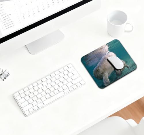9.5x7.9 Inch Office/Gaming Mouse Pad, Florida Manatee Mother and Calf Marine Mammal Gentle Sea Cow, Cute Anti-Slip Mat for Desk Decor