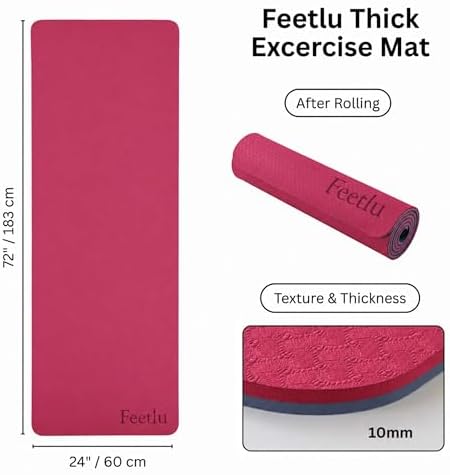 Extra Thick 10mm Yoga Mat, 72" x 24", Non-Slip with Carry Strap