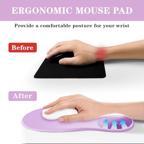 Mouse Pad with Wrist Rest,Ergonomic Mouse Pad with Comfortable Gel Wrist Rest Support and Non-Slip PU Base for Easy Typing Pain Relief, Durable and Washable (Purple Pink)