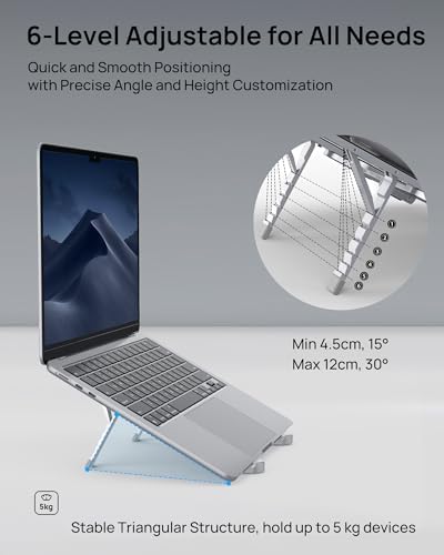SODI Ultra Compact Foldable Laptop Stand - Portable Laptop Holder for Desk & Travel Use, Ergonomic Aluminum Computer Holder with Adjustable Height for MacBook, Tablet 10-16" (Light Gray, Bi-Fold)
