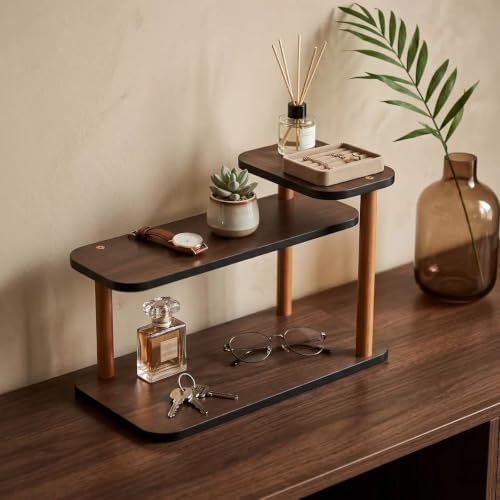HealthEmpire 3-Tier Cosmetic Organizer Shelf for Countertop – Wooden Makeup & Skincare Storage Rack, Bathroom Vanity Display Stand for Perfume, Toiletries & Office Desk Organization (Brown)