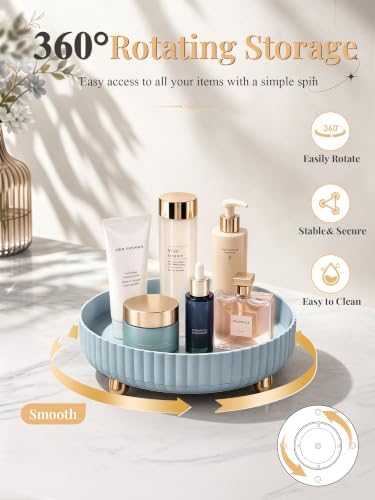 Niunuerga 360 Rotating Makeup Organizer - Perfume Vanity Skincare Tray Blue