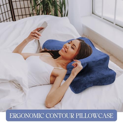 Hahafelt Cervical Neck Pillow Case Plush with Zipper, Navy Blue, Queen Size