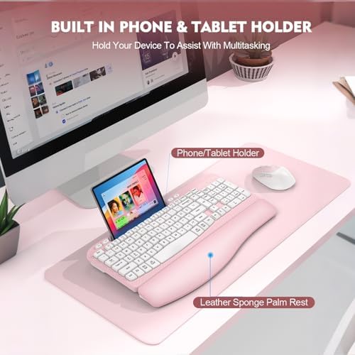 Wireless Keyboard and Mouse Combo, Full-Sized Ergonomic Wave Keys Keyboard with Memory Foam Wrist Rest & Phone Holder, 2.4G Quiet Keyboard Mouse Work Setup for PC Laptop, Office or Home (Pink)