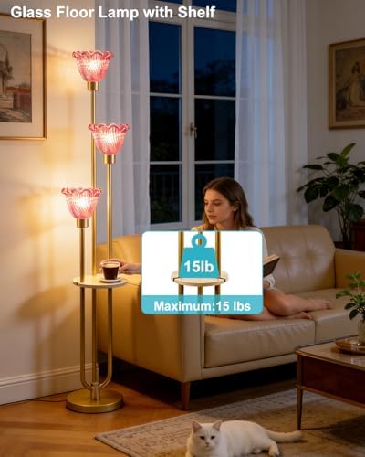 Lightdot Red Flower Glass Floor Lamp with Table Gold Floor Lamp 3-Light