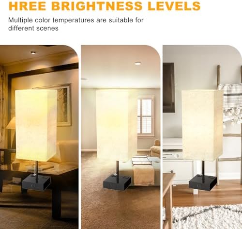 YIDPU Table Lamp for Bedroom with USB,Bedside Lamp with USB C+A Charging Ports,Adjustable 3color LED Light for Home Decor/Nightstand/Office,Included Bulb and Fabric Lamp Shade (Linen White, 1PCS)