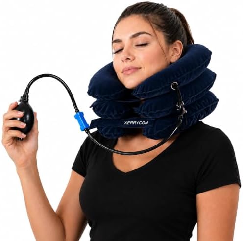 Inflatable Neck Stretcher for Neck Pain Relief, Cervical Traction Device with Hand Pump, 3-Layer Adjustable Neck Decompression Collar for Pinched Nerve, Stiff Neck & Tech Neck Support
