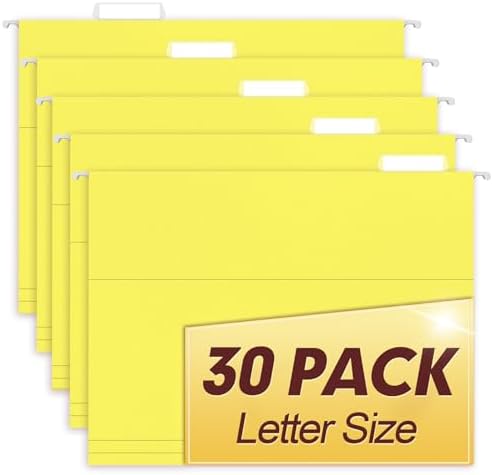 HERKKA Hanging File Folders, 30 Pack Reinforced Letter Size Hanging Folders, Designed for Bulky Files, Filing Cabinet, 1/5-Cut Adjustable Tabs (Yellow)