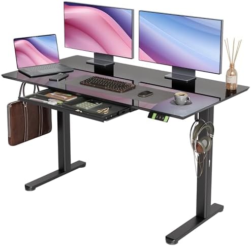 INNOVAR Glass Standing Desk with Drawers 55 x 27.6 Inch Black