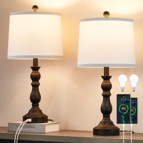 Black Table Lamps Set of 2, Black Lamps for Bedroom, USB C+A Ports