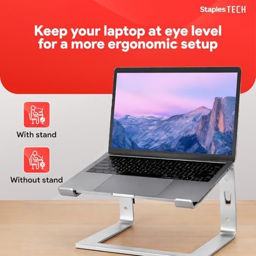 Staples TECH Adjustable Aluminum Laptop Stand, 11-17 In, Silver
