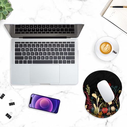 ITNRSIIET Ergonomic Mouse Pad with Gel Wrist Support Small Wrist Rest Smooth Surface Non-Slip PU Base Comfortable Office Supplies Pain Relief, 8.7 x 7.2 inches, Pretty Flowers Plants