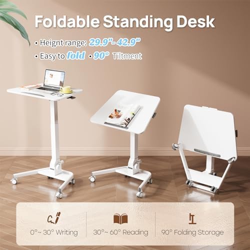 Foldable Mobile Standing Desk, Rolling Laptop Cart, White