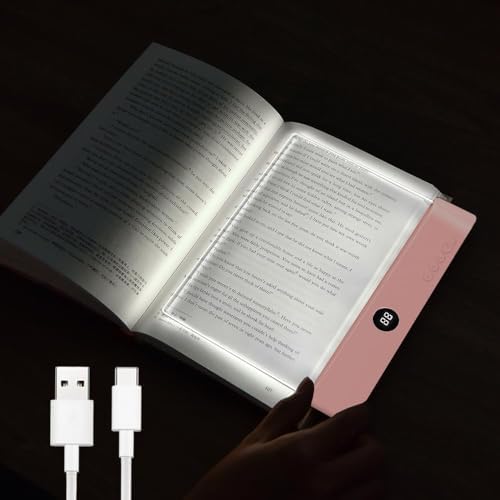 Book Light, 3 Color Adjustable LED Flat Reading Light, Rechargeable Clear Panel Plate Lamp with Timer & Memory Function, Bedside Lamp Book Lovers Gifts for Boys and Girls Women Man (Pink)