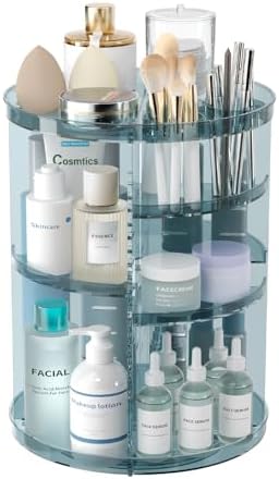 Rotating Makeup Organizer, DIY 8 Adjustable Layers Spinning Skincare Storage, Cosmetic Display Case with Brush Holder and Perfume Tray, Multi-Function Vanity Bathroom Countertop Organizer Clear Blue