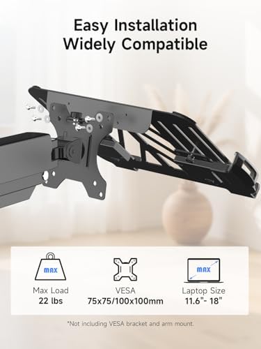 Suptek TP0071 Laptop Tray Adjustable 13 to 18 Inch VESA Arm Mount Tray for Monitor Arms and Stands, Fits 75x75/100x100 mm VESA Mount Holes, Supports Weight Up to 22lbs, Matte Black
