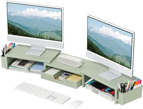 OPNICE Desk Organizers and Accessories, Dual Monitor Stand Riser with Drawer and 2 Pen Holders, Desk Shelf Printer Stand for Office Workspace Organizers, Desktop Organization (Sage Green)