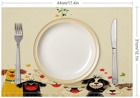 Cute Dogs Floral Linen Placemats Set of 4PCS, Heat Resistant Non-Slip Washable Table Placemats for Dining Everyday Use Hotel Banquet Home Decor