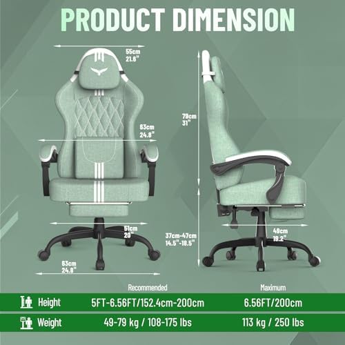 Ferghana Cotton Fabric Gaming Chair – Wider Seat Cushion, Diamond Double-Stitching, Ergonomic High Back with Footrest, Computer Gamer Chair Featuring Massage Lumbar Support for Adults (Green/White)