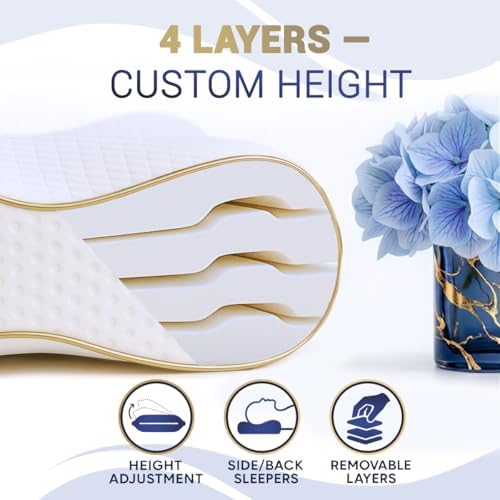 Memory Foam Pillow, Cervical Pillow (2 Pack) 4-Layer Queen, Contour Pillow, Side Sleeper, Neck Support, Pillow for Neck Pain