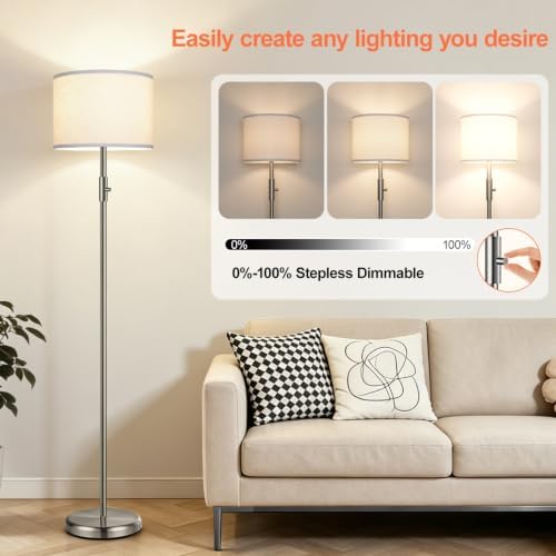 Floor Lamp Simple Design with White Shade, Small Tall Lamps for Living Room Bedroom Office Dining Room Kitchen, Sliver Pole Lamp-Sliver