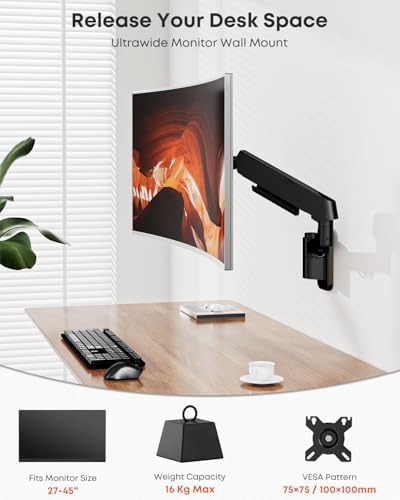 Heavy Duty Single Monitor Arm Wall Mount fits 27-45 Inch Flat/Ultrawide