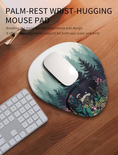 Palm-Rest and Wrist-Hugging Mouse Pad Wrist Rest, Ergonomic Wrist Support with Curve Fitting Cushioned Memory Foam for Carpal Tunnel Pain Relief, 9.9 x 8.3 Inch, Misty Forest