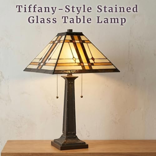 Lavish Home Tiffany Style Table Lamp with Stained Glass Shade, Bronze