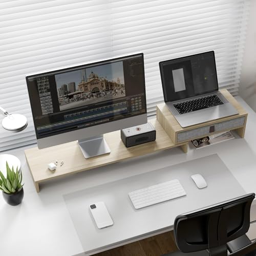Fenge Triple Monitor Stand with Storage Drawer, Adjustable Length and Angle