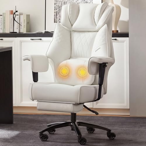 Dowinx Big and Tall Office Chair 400 Lbs with Rotating Massage Lumbar Support, Thick Seat Cushion and Adjustable Armrest,Computer Gaming Chair with Footrest,White