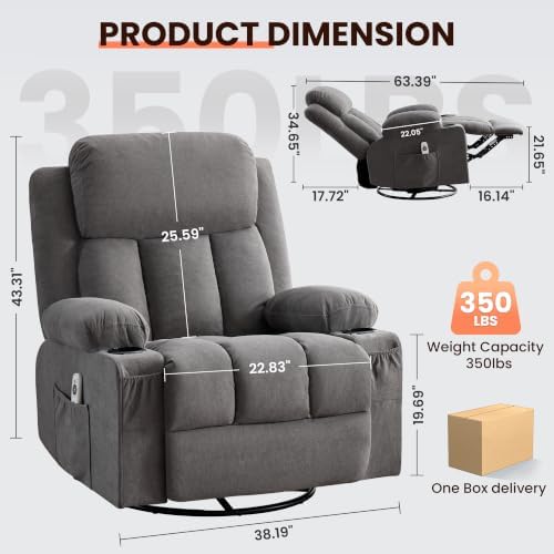MAHOMICO Swivel Rocker Recliner Chair with Vibration Massage and Heat for Living Room,with Rocking Function and Side Pocket, USB Charge Port,2 Cup Holders