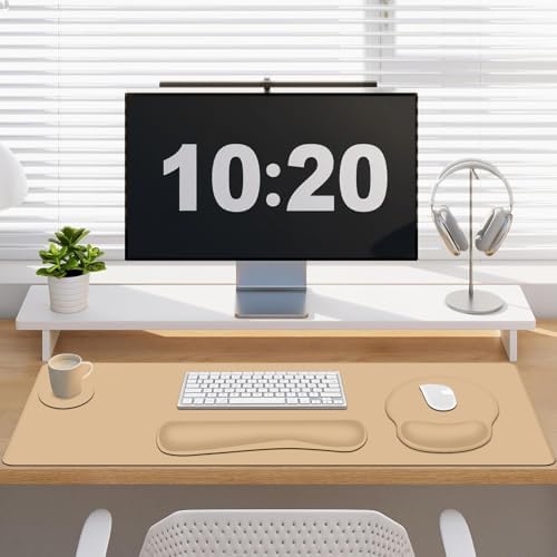 4 PCS Mouse Pad Desk Mat Protector, Keyboard Wrist Rest + Comfortable Mouse Pad Wrist Rest +Coaster, Large Gaming Mousepad for Computer Laptop, 35.4"X 15.7" Deskpad for Office Home I Sand Color
