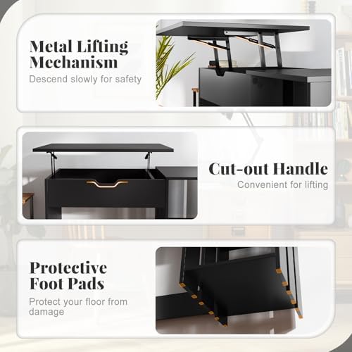 Tangkula Computer Desk with Lift Top, Space Saving Standing Desk with Hidden Compartment and Open Storage Shelves, Study Writing Desk with Lifting Mechanism, Black