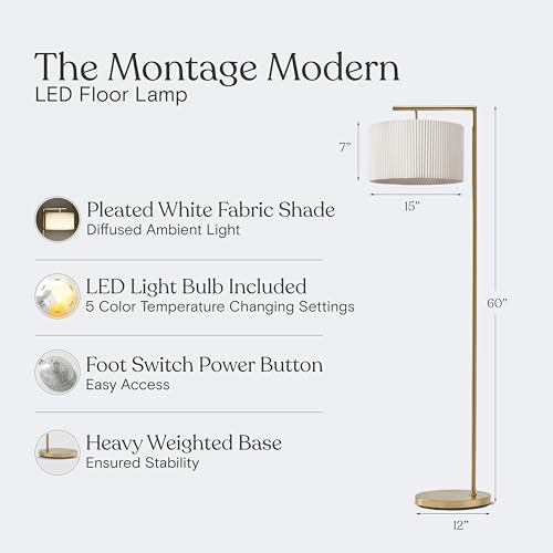 Brightech Montage Modern Floor Lamp - LED Standing Lamp with Tan Shade for Living Rooms & Offices - Bedroom Reading Light - Tall Corner Pole Lamp for Contemporary Home Decor - Antique Brass