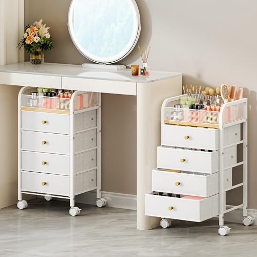 SWTYMIKI Rolling Makeup Organizer Cart - 14.96″*11.81″*27.55″ Widened Under Desk Vanity Storage with 4 Non-woven Drawers, Cosmetic Display Cases for Skin Care Perfume Nail Polish Brush Hair Tool White