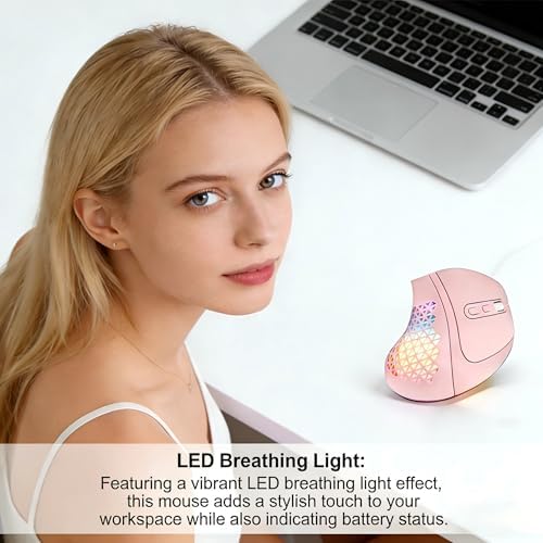 Bluetooth Wireless Dual-Mode Vertical Mouse - Silent Click, Ergonomic Comfort for Office & Home Use, Rechargeable with LED Breathing Light, Compatible with Multiple Devices (Pink)