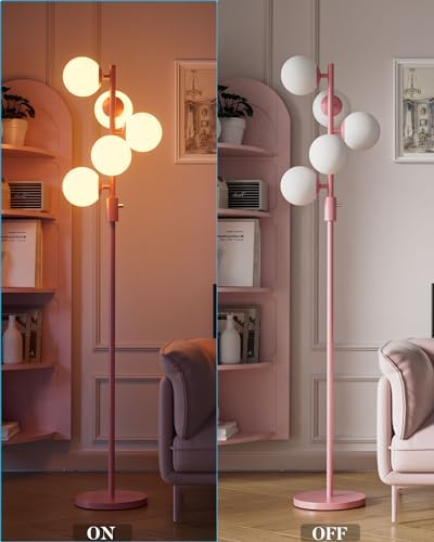 64IN Dimmable Pink Floor Lamp, Tall Standing Lamps with 5 Globe Soft Warm White Eye Care 3000K G9 Bulbs, Mid Century Modern Floor Lamp with 5Lbs Heavy Base for Living Room Bedroom Office