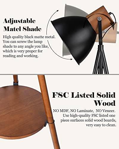 ELYONA Dimmable Tripod Floor Lamp with Table, Wood Standing Lamp with Adjustable Metal Shade, Modern End Table with Reading Light for Livingroom, Bedroom, Office, LED Bulb Included, Black & Brown