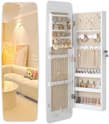 Nicetree Rounded Mirror Jewelry Cabinet, Lockable, Wall Mounted, Moon White
