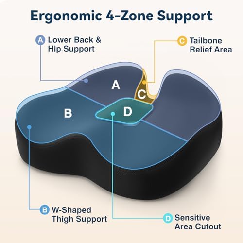 TushGuard 4-Zone Ergonomic Seat Cushion with Coccyx Cutout, Black