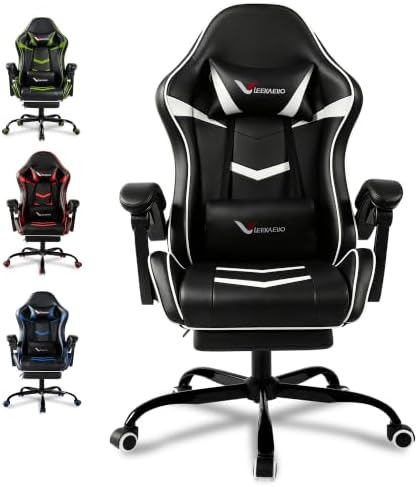 Gaming Chair for Adults with Pocket Spring Cushion Footrest White and Black