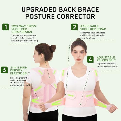 Posture Corrector for Women and Men Upper Back Brace Straightener Support Rounded Shoulder Adjustable Straps Breathable Mesh Office Work Computer Use Desk Job Studying Daily Wear (Pink XXL)