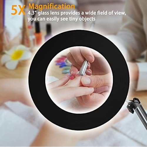 YOUKOYI LED Magnifying Lamp Metal Swing Arm Magnifier Lamp- 10 Levels Brightness, 3 Color Modes, 5X Magnification, 4.1" Diameter Glass Lens, Adjustable Industrial Clamp for Reading/Office/Work (Black)